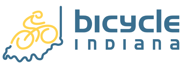Bicycle Indiana Logo: A line drawing of a person on a bicycle over the state of Indiana